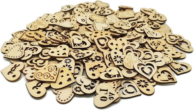 DIYOMR 200Pcs Unfinished Wood Pieces Hollow Wooden Art Decor, Vintage Embellishments Decorative Accessories for Scrapbooking Crafts DIY Home Decor (Heart)