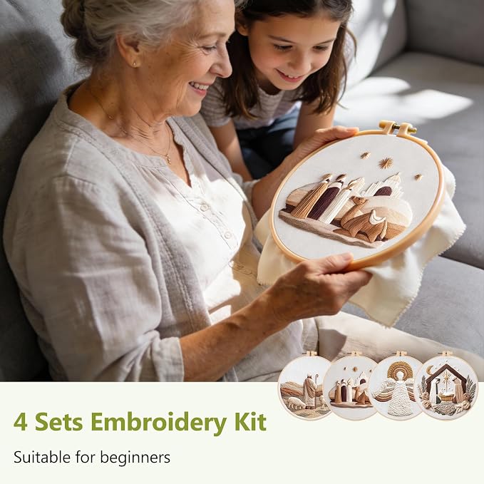 Santune Christian Embroidery kit,Nativity Scene Needlepoint Cross Stitch Kits for Beginners Adult,Needle Point Sets,4 Embroidery,2 Hoops,Christmas Ornaments