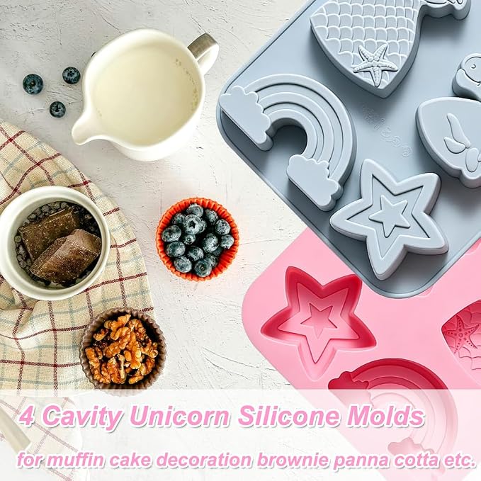 2 Pack Silicone Soap Molds, 4 Cavities Unicorn Star Rainbow Mermaid Tail Shaped Making Mold, Perfect for Handmade Soaps Lotion Bar Bath Bombs Ice Cube Chocolate Jelly Cake Making