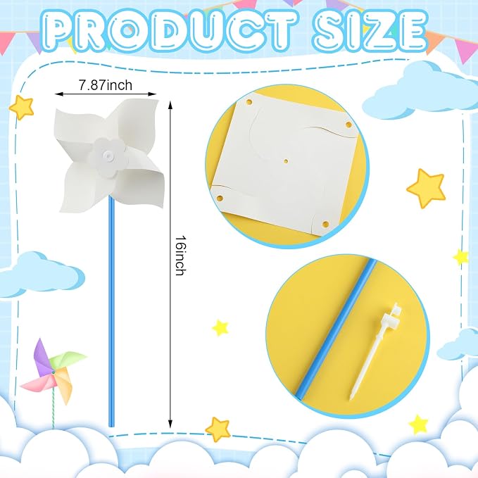 Poen 24 Pcs DIY Pinwheels for Kids Bulk, Blank White Paper Craft 5 in | Color Your Own Windmills Activity, Patriotic Summer Party Favors for Kids, VBS Sunday School Classroom Art Project Supplies