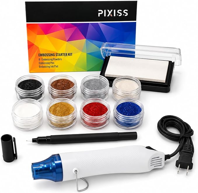 Embossing Kit with Heat Tool Bundle, Embossing Powders, Complete Embossing Starter Kit, Clear Embossing Pen, Embossing Ink Pad, 8X 10ml Embossing Powders for Crafts