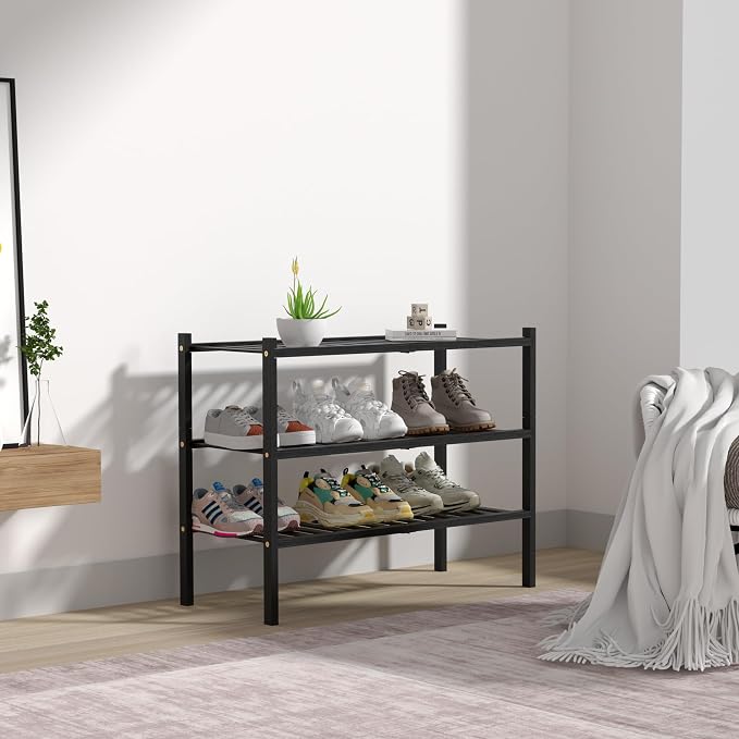 ROMGUAR CRAFT 3 Tier Bamboo Shoe Rack for Closet Free Standing Wood Shoe Shelf Storage Organizer for Entryway Small Space Stackable 27"x11"x20" (Black) (Pack of 2)