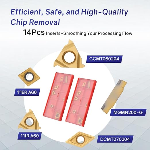 Indexable Lathe Turning Tool 21Pcs Kit 1/2'' 12mm Shank 7 Pcs Metal Lathe Tool Holder Set with 14 Pcs Turning Inserts for Turning Grooving Threading Boring Carbide Inserts Carbide Turning Tool
