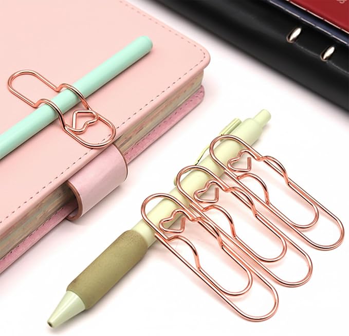 12-Pack Pen Holder Clips for Notebook, Rose Gold Heart Clips | Paper Clip Pen Holder for Notebook, Holds Pens Under 0.5 Inch Thick, Cute Office Supplies for Planners and Journals