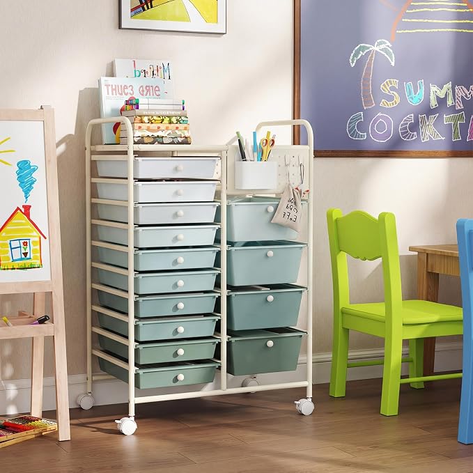 Giantex 14 Drawer Storage Cart, Rolling Craft Cart with Metal Tabletop & Pegboard, Mobile Utility Organizer Trolley with Locking Wheels, Home Office, Green Gradient