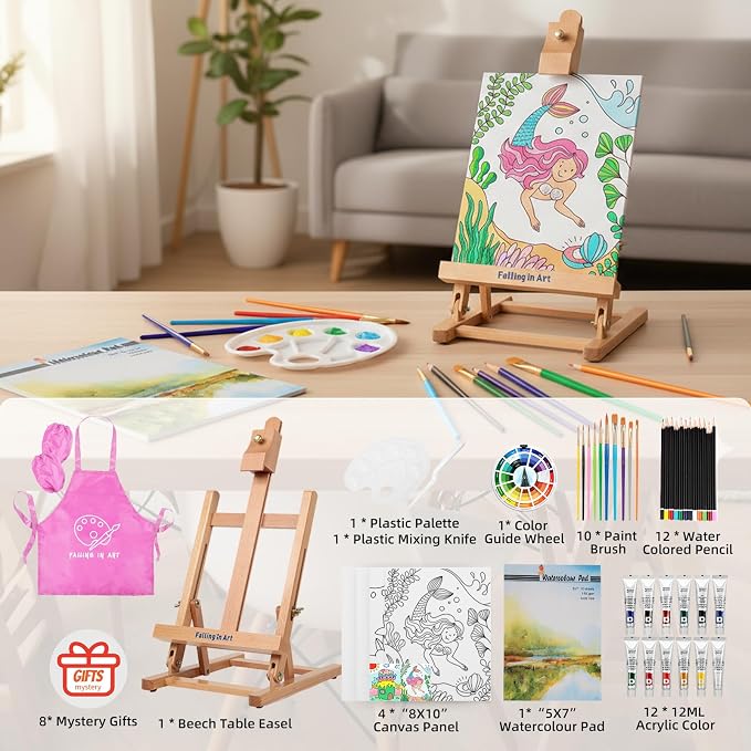 Falling in Art Kids Tabletop Easel Set, Portable Art Easel Painting Kits | 52 Pcs Wooden Easel for Painting Canvases, Including 12 Colors Acrylic Paints, 10 Paintbrushes and 4 Canvas Panels, Pink