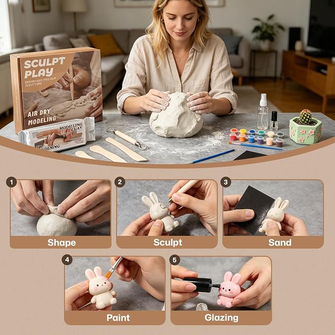 Air Dry Clay Kit for Adults, Complete Pottery Set for Beginners with Tools, Handmade Art Gifts for Women Men