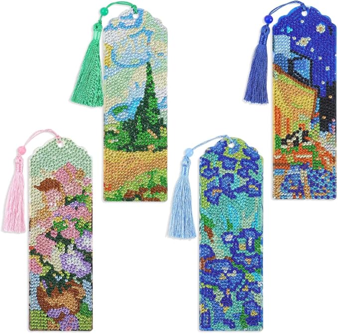 icceemee 4 pcs Oil Painting Themes Diamond Painting Bookmarks, DIY Diamond Art Kits for Adults, Book Corner - Protecting Bookmark Craft Supplies Kits for Book Lovers