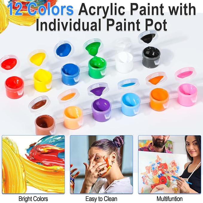 shynek 150pcs Painting Supplies Kit for Adults, 8 * 10In Canvas Boards with Easel Stand, 12 Colors Acrylic Paint Set, Artist Paint Brushes Set, Paint Trays, Sip and Paint Kit
