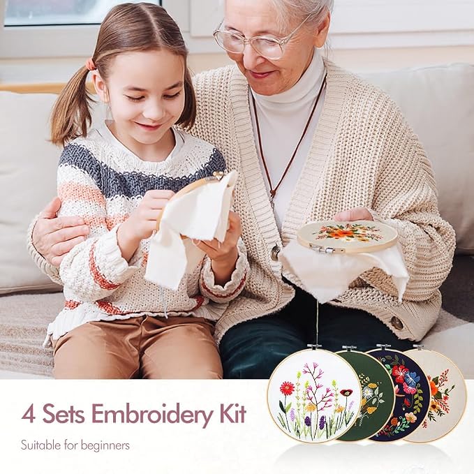 wtisan 4 Pack Embroidery kit for Beginners Cross Stitch Kits for Adults | DIY Needlepoint Kits with Flower Patterns, Embroidery Tools, Threads, Step by Step Instructions, Hand Craft Lover Gift