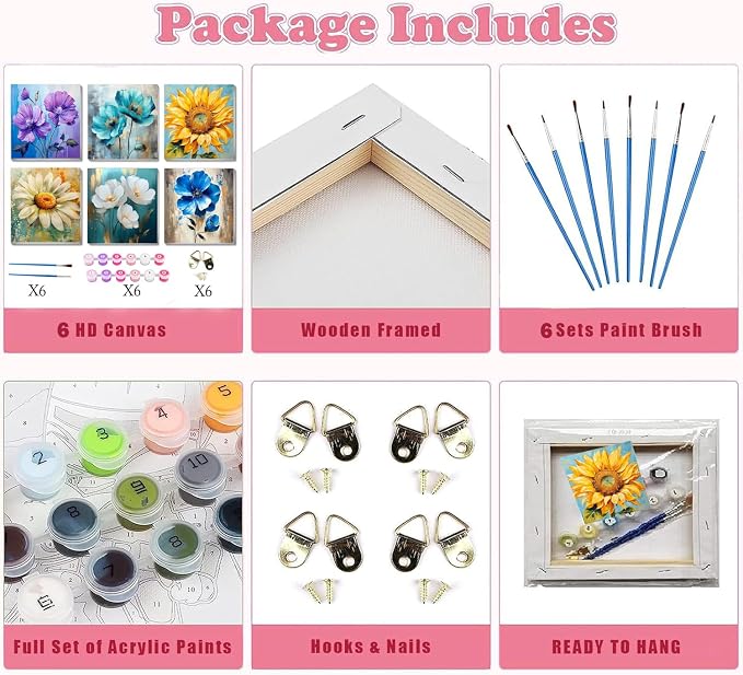 SYDYLH 6 Pack Paint by Numbers Kit for Adults/Kids, Easy Framed Adults Paint by Numbers Kits, DIY Simple Flowers Acrylic Oil Painting Number Kits for Home Wall Decor (8 x 8 Inch)