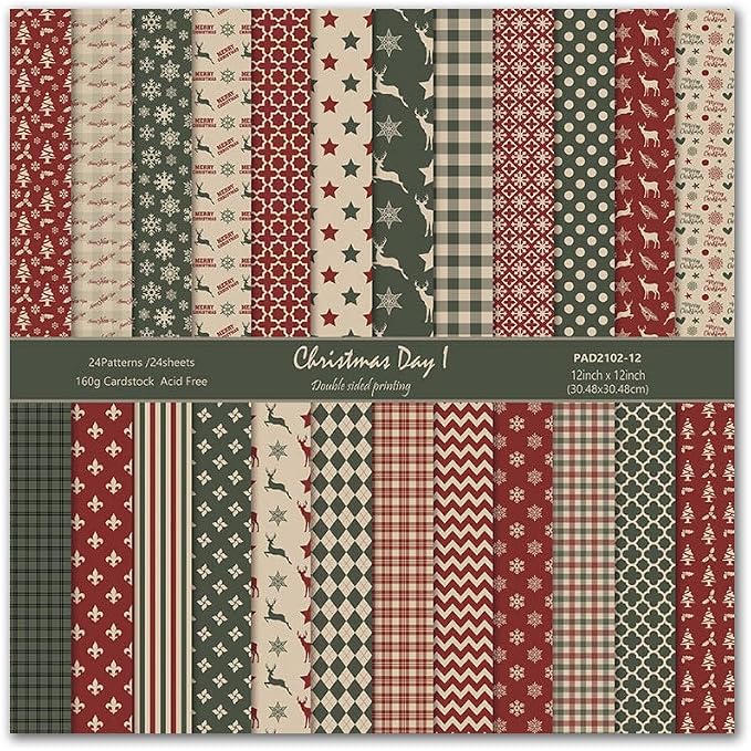 24 Pack Christmas Pattern Paper 12x12 Merry Christmas Scrapbook Double-Sided Plaid Craft Paper Folded Flat for DIY Card Making Scrapbooking Photo Album