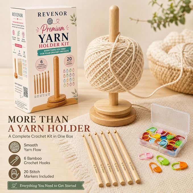 Revenor Yarn Holder for Crocheting, Crochet Yarn Holder Kit with 6 Bamboo Crochet Hooks & 20 Stitch Markers, Yarn Organizer & Yarn Storage Organizer, Crochet Kit for Beginners, Crochet Tools