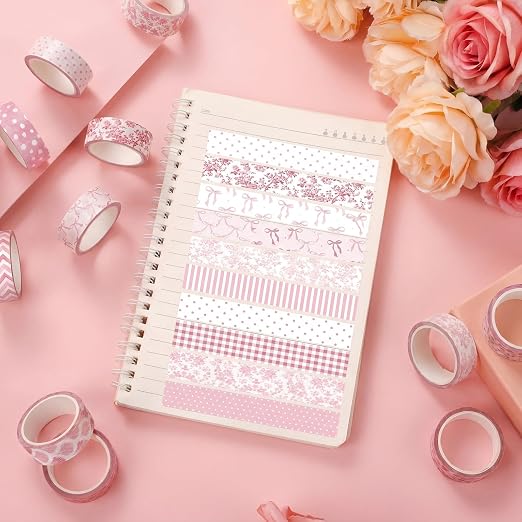 12 Rolls Floral Washi Tape Set,Pink,Bows and Polka Dots | Watercolor Flowers Design for Scrapbook Journal DIY Craft School Supplies, 15 mm Vintage Decorative Masking Washi Tapes