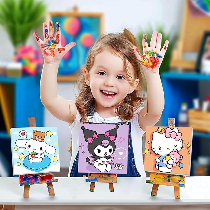 4 Pcs Cartoon Paint by Numbers Kit for Kids Ages 8-12 with Frame and Easel | Cute Kids Paint by Numbers Ages 4 8 12 for Girls Boys Gifts, Easy DIY Acrylic Oil Painting for Home Wall Decor (8x8 inch)