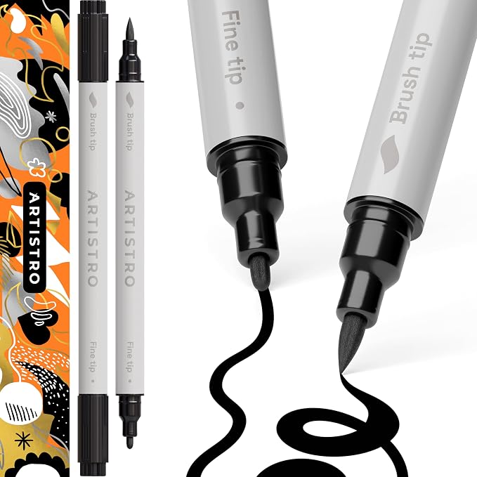 ARTISTRO Black Dual-Tip Acrylic Paint Pens - Set of 2 | 1mm Fine & Brush Tips, Multisurface Markers, Perfect for Glass, Rock, Fabric, Wood, Plastic, & More