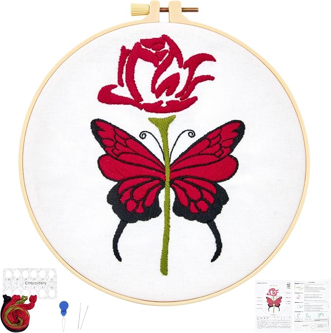 Butterfly Rose Embroidery Kits for Beginners Adults, Valentine's Day Hand Embroidery Kits, Cross Stitch Kits for Adult Anniversary Valentine's Gifts, Entire Set of Embroidery Supplies & Video Tutorial