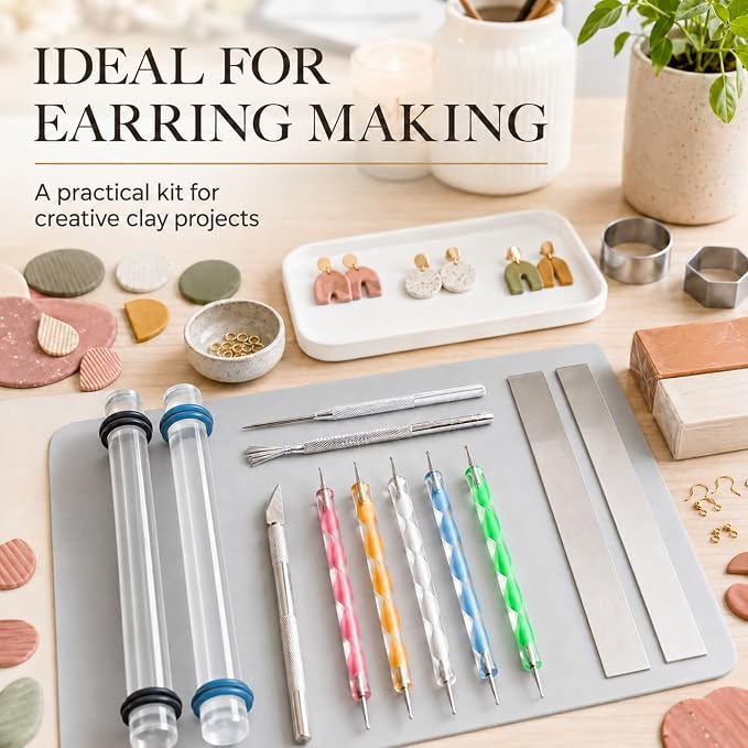 DIYOOHOMY 18 Pcs Polymer Clay Tools Kit, Rolling Pin with Thickness Rings | Air Dry Clay Jewelry Earring Making Set Sculpting, Small Acrylic Roller, Dotting, Tissue Blades Cutters Craft Knife, Needle