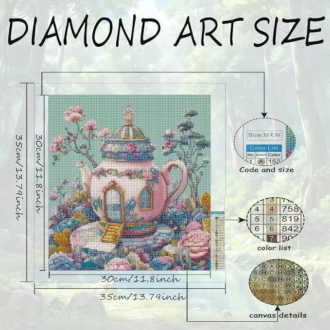 Teapot Castle Diamond Art Kits for Adults,5D Diamond Painting Kits for Beginner,DIY Full Round Drill Flower Diamond Dot Gem Painting With Dot Art Craft Kits for Home Wall Decor 13.79 x 13.79inch
