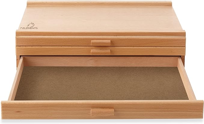 7 Elements 3 Drawer Wooden Artist Storage Supply Box for Pastels, Pencils, Pens, Markers, Brushes and Tools