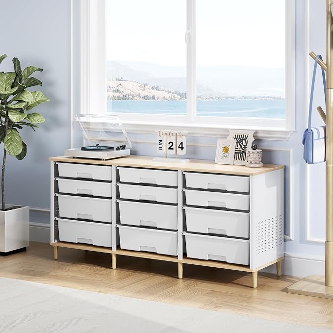TOOLF 12 Drawers Storage Cabinet with Wooden Top and Plastic Bins, White | Toy Shelf Storage Chest Cubby Organizer, for Home, Office, Playroom, Classroom & Craft Room
