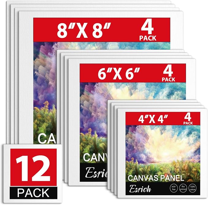 ESRICH Canvas Boards for Painting 12 Pack Canvas for Painting 4x4, 6x6, 8x8 Blank Canvases for Painting-Cotton Primed Painting Canvas Panels for Acrylic, Oil, Gouache & Tempera.