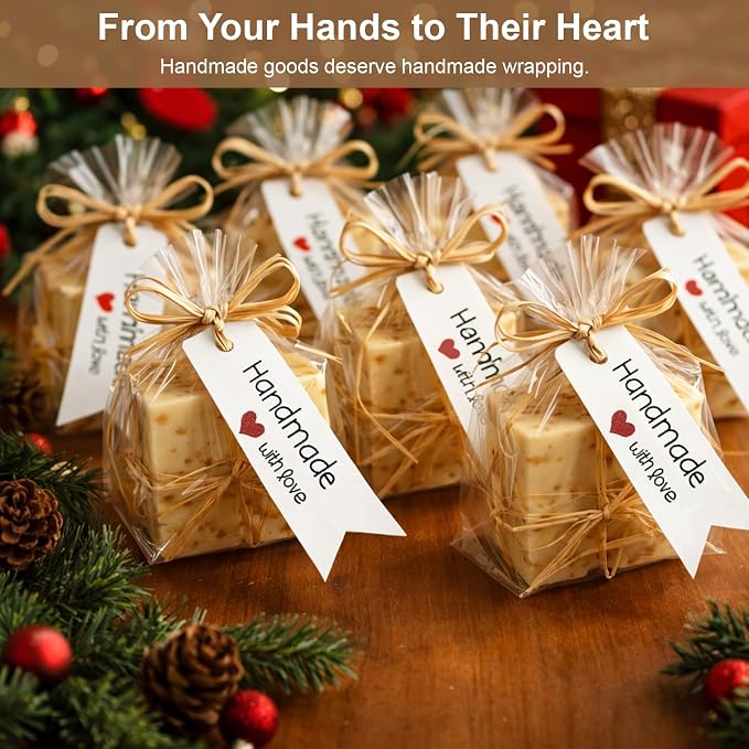 100 Pcs 4.7x7" Plastic Cellophane Bags with 131ft Raffia Ties & 100 Pcs "Handmade with Love" Tags, Clear Goodie Treat Wrappers for Wrapping Homemade Soap Craft Gift Wedding Cookies Candy Snack Party Bakery Favors Christmas (White Tags)