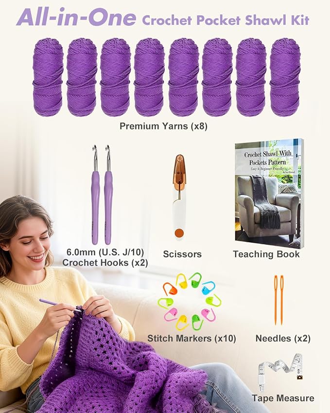 Arborthread Crochet Kit for Beginners, Easy All-Season Pocket Shawl & Scarf Crochet Kit for Adults w/Ample Premium Yarn to Fit Different Sizes, Step-by-Step Video & Instructions, Pureple