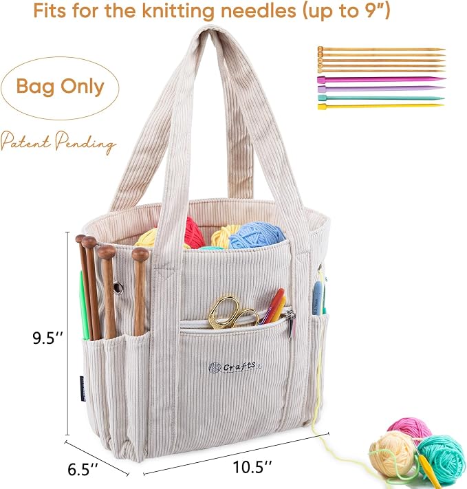 MYBAGZING Crochet Bag and Tote - Corduroy Yarn Bag - Yarn Holder and Storage for Crochet Hooks, Knitting Accessories - Mother's Day Gift