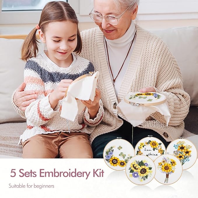 wtisan 5 Pack Embroidery kit for Beginners Adults DIY Starter Kit | Sunflower Gifts for Women Cross Stitch Kits with Embroidery Hoop, Tools,Colorful Threads,Hand Craft Lover Gift