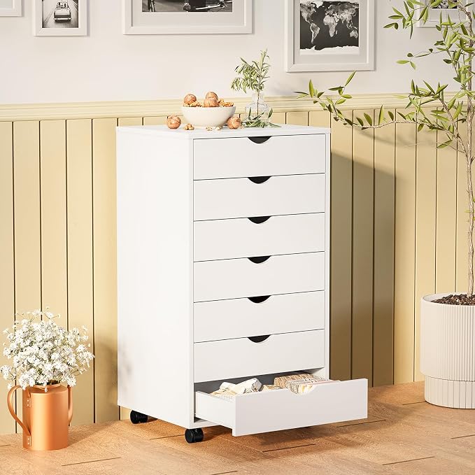 Sweetcrispy 7 Drawer Rolling Storage Cabinet, Wood Under Desk Mobile Dresser with Wheels, Small Organizer Chest for Home Office, Bedroom, Living Room, Compact Vertical Storage Furniture Unit, White