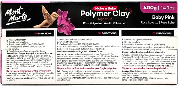 Mont Marte Make n Bake Polymer Clay Signature Baby Pink 400g (14.1oz) Block, Bake in Oven, Soft and Smooth, Sculpting, Craft, DIY Décor, Jewelry