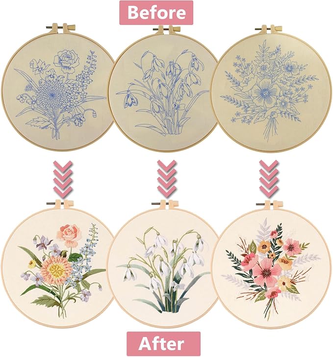 3 Packs Embroidery Kit for Adults, Embroidery for Beginners (Floral)
