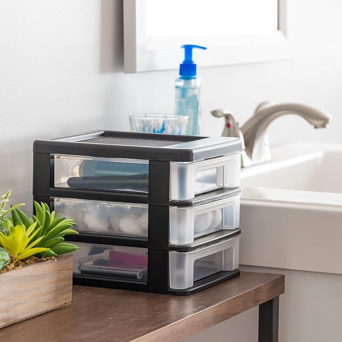 IRIS USA 4-Pack, 3-Drawer Small Plastic Stacking Desktop Organizer, Black