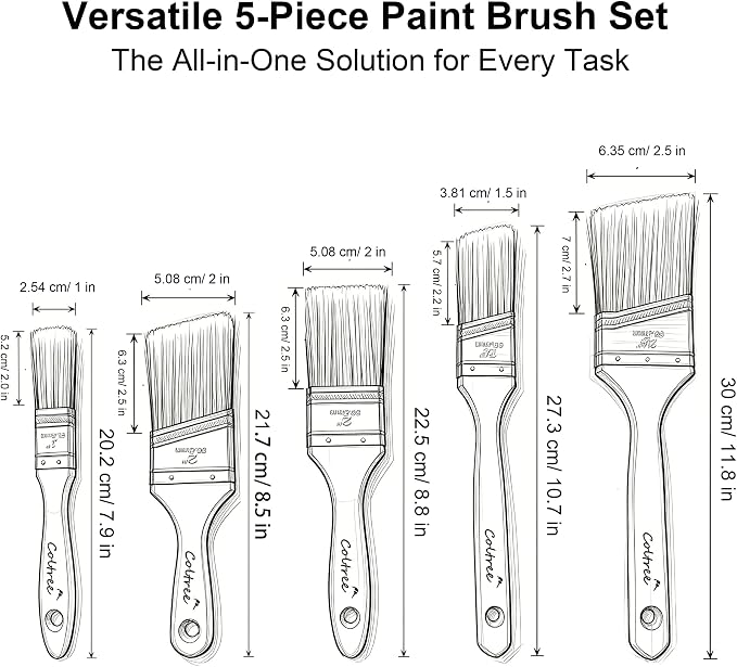 Paint Brushes Set - 5 Pcs Flat & Angle Paintbrushes for Wall & Trim, Suitable for Oil & Water-Based Paints, Stains