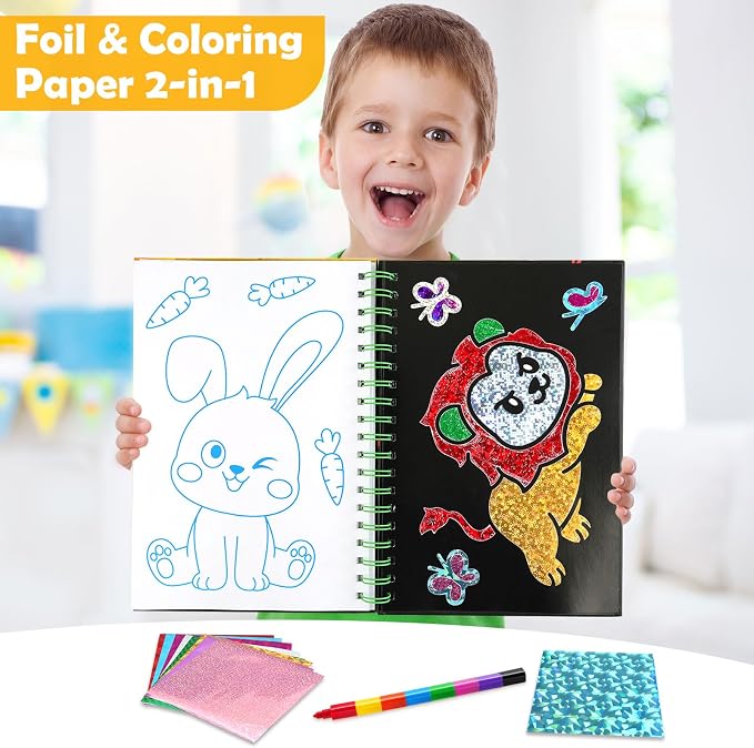 FUNNYB&G Foil Art Craft Kit for Kids, Sparkly Birthday Gift Toy for Kids | No Mess, Kids Ages 4-10 Create Sparkling Artwork, A Creative Gift for Birthdays, Holidays, Travel Activities,Screen-Free Fun