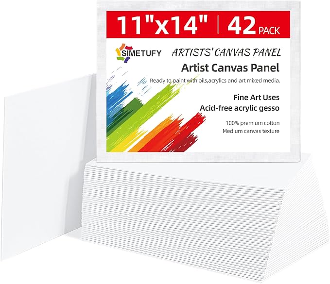 Simetufy 11x14 inch 42 Pack Flat Painting Canvas Boards- Gesso Primed | Acid-Free 100% Cotton Canvas Panels for Acrylics Oil Watercolor Tempera Paints