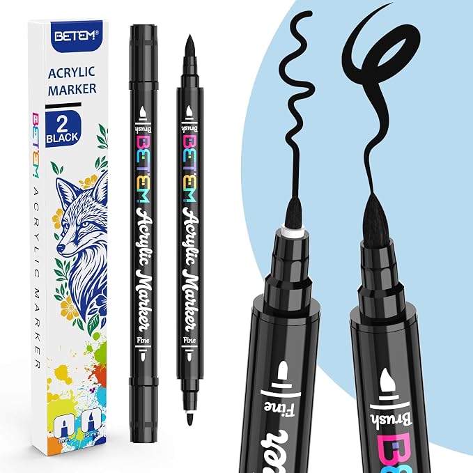 Betem 2 Black Paint Markers for Glass, Dual Tip Acrylic Paint Pens | Window, Fabric, Wood, Rock, Canvas, Acrylic Markers with Fine & Brush Tip, Art & Craft Supplies, Wine Glass Markers