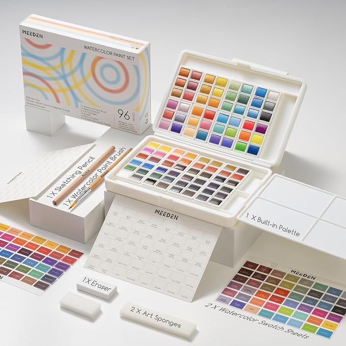 MEEDEN Watercolor Paint Set: 96 Colors Watercolor Paints Palette for Adults | Watercolor Paint Kit with Brush & Palette - Customizable Color Blocks - Bright Watercolors Travel Set for Amateur Artists