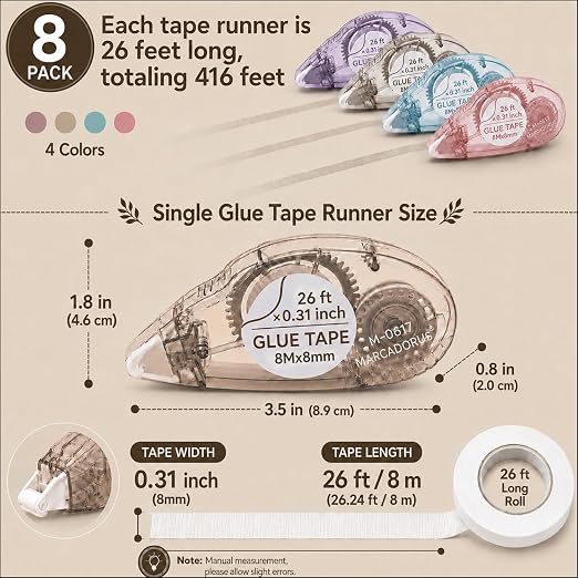 MARCADORUS Glue Tape Roller, Double Sided Scrapbook Tape, 208 Ft Total | 8-Pack_26Ft x 0.31In Tape Runner, Adhesive for Photos, Scrapbooking, Card Making, Paper Crafts & Journaling Supplies