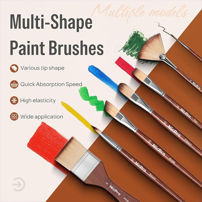 Nicpro 30 PCS Paint Brush Set, Professional Acrylic & Oil Paint Brushes | No Shedding Synthetic Bristles, Works for Acrylic, Oil, Watercolor, Gouache, Includes Self-Standing Case & Palette Knife