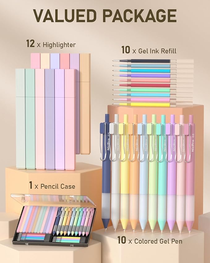 Nicpro Aesthetic Highlighters and Gel Pen set with Case, 33PCS