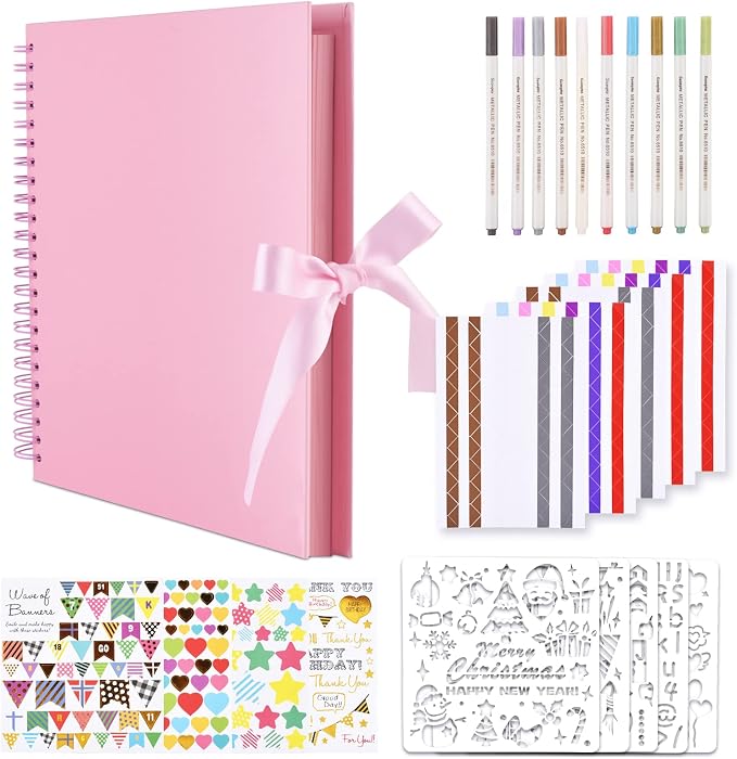 GOTIDEAL 12 x 12 Inch Scrapbook Album with 10 Metallic Markers, Pink | 80 Pages Craft Paper Photo Album for Wedding and Anniversary, Family DIY Photo Album with Scrapbooking Stickers Corners