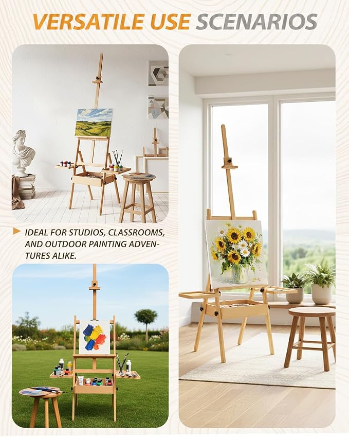 Painting Art Easel with Storage, 57"-72" Height Adjustable Easel Stand | Foldable beech wood easel with drawer trays,H-frame artist easel stand for painting,Wooden floor easel holds canvas up to 36"