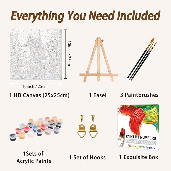 AUKELHJ Framed Paint by Numbers Kit for Adults, Cat, 10x10 inch