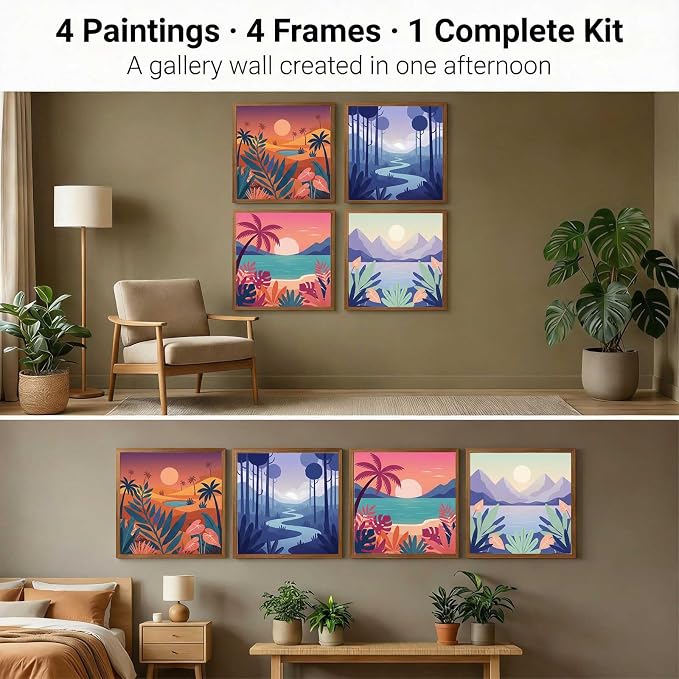 Amphol 4 Pack Framed Paint by Numbers Kit for Adults - Easy Landscape Silhouettes DIY Acrylic Paint by Number on Framed Canvas for Beginners, Relaxing Arts, Great for Home Wall Decor Gift 10"x10"