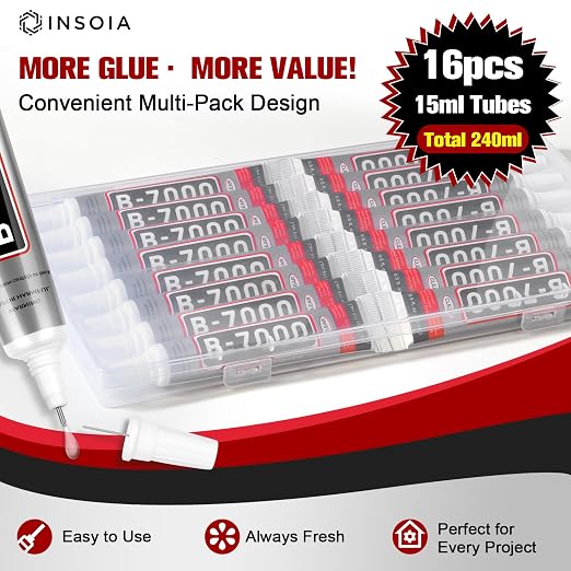 INSOIA Bedazzling Glue B7000 Clear, 16 x 15ml Precision Tip