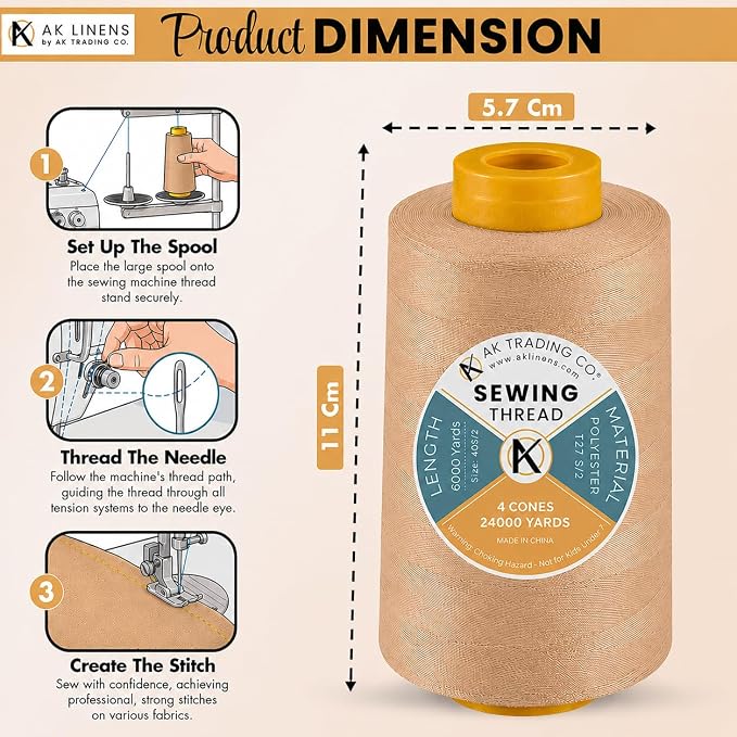AK Trading 4-Pack Light TAN All Purpose Sewing Thread Cones (6000 Yards Each) of High Tensile Polyester Thread Spools for Sewing, Quilting, Serger Machines, Overlock, Merrow & Embroidery.