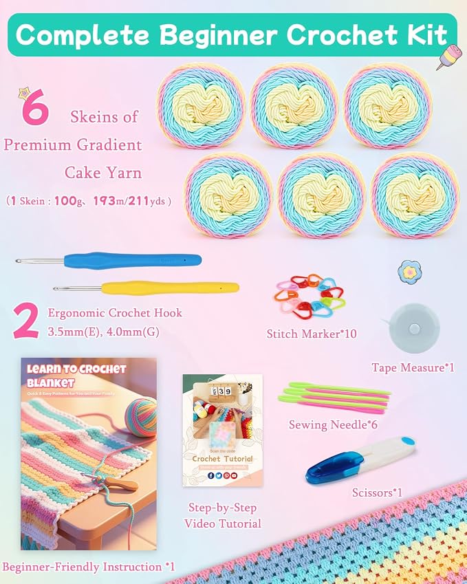 Aeelike Crochet Blanket Kit for Beginners,Rainbow Granny Square,Easy Start