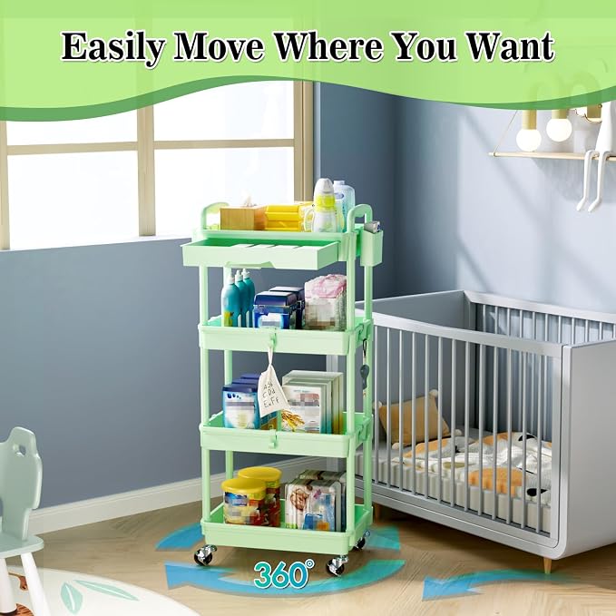 SUNALLY 4 Tier Rolling Cart with Drawer, Craft Storage Cart Organizer,Green